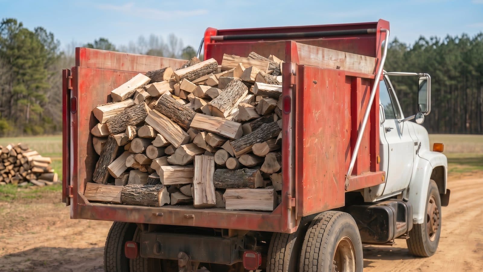 Crossroads Firewood dump truck loaded with split firewood ready for delivery