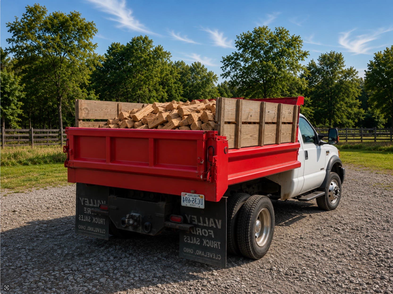 F-450 dump truck loaded with split firewood — The Crossroads Dump Load